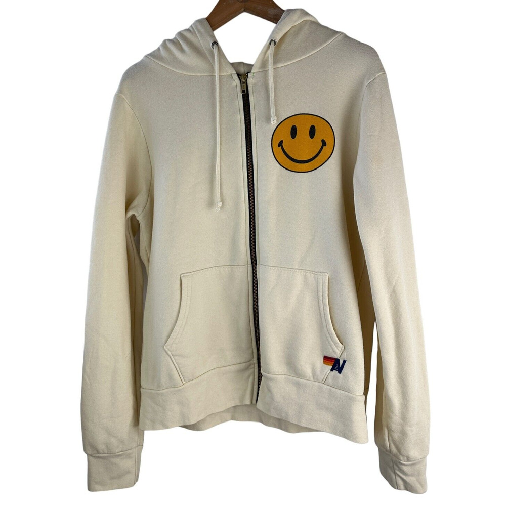 Aviator Nation Smiley Face Full Zip Hoodie Jacket Cream Long Sleeve Size Large - Picture 2 of 15